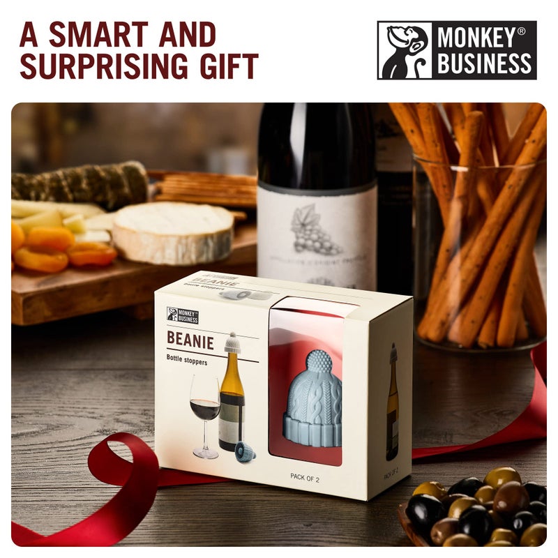 Monkey Business Beanie Cap Decorative Silicone Bottle Stopper in a Gift Box, Set of Two, Novelty Cork, Beverage and Wine Keeper, Champagne Bottle stoppers (Blue & Grey) - Image 5